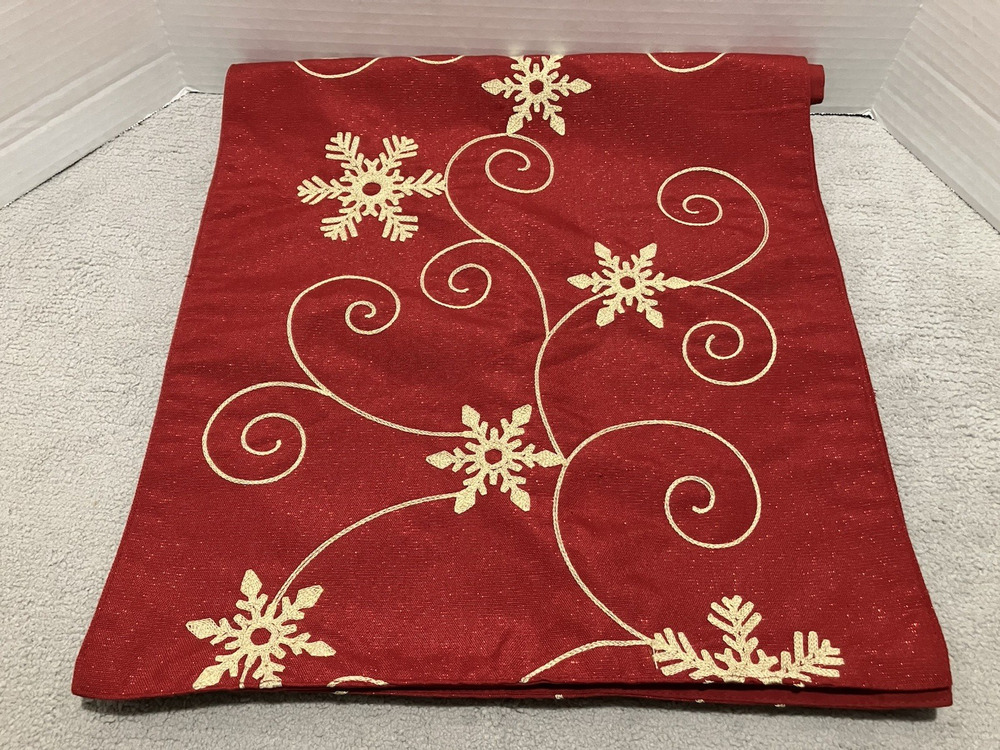 Max Studio Christmas Red Table Runner Embroidered Gold Snowflake 16 X 72